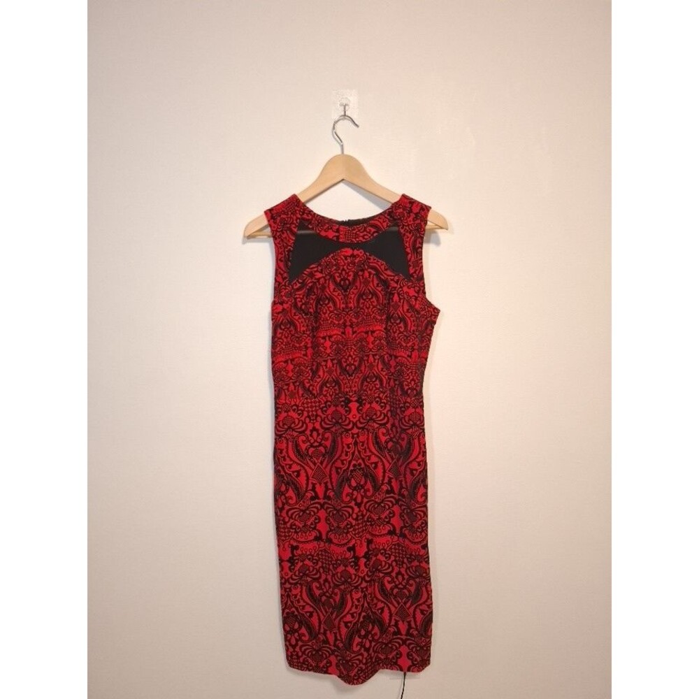 Beige by ECI Dress Size 6 Womens Red Black Damask Paisley Sleeveless Sheath Zip
